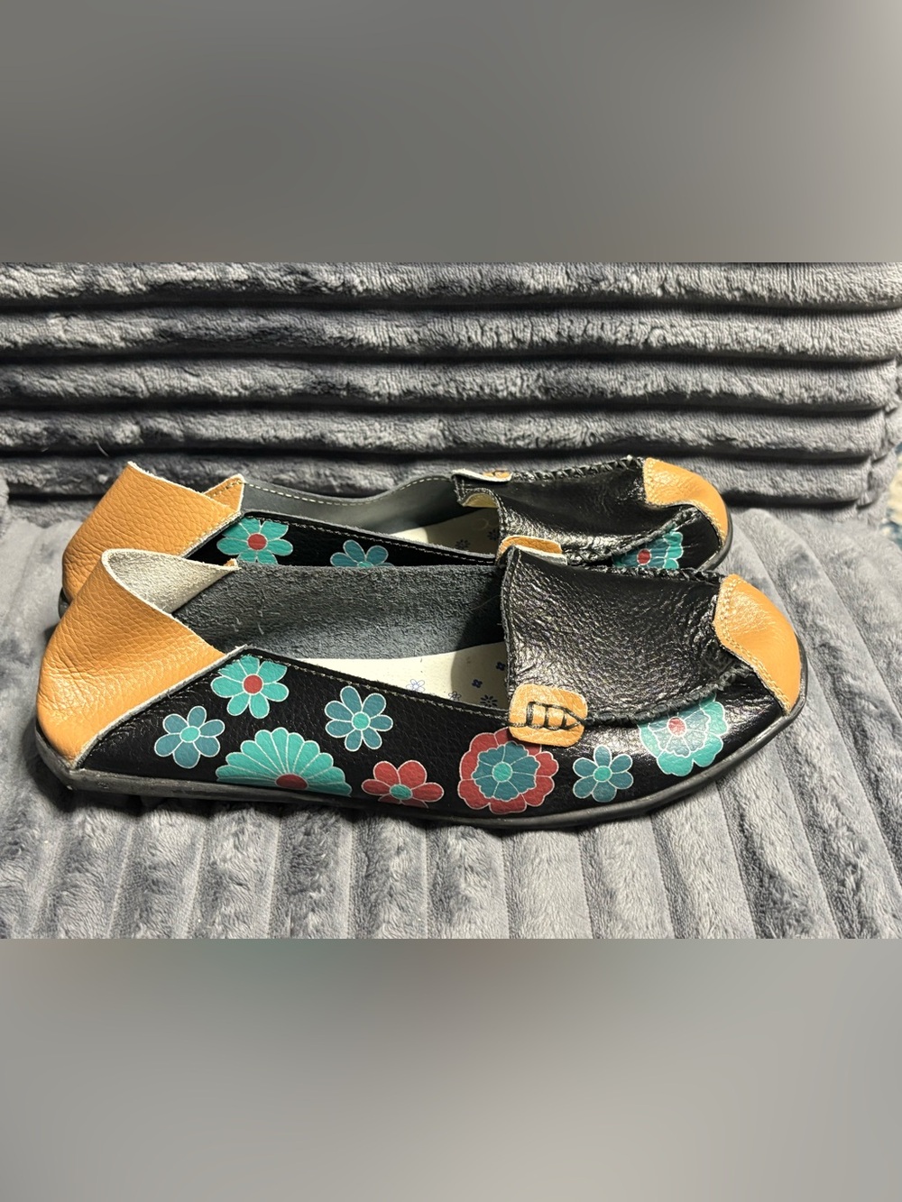 Women's Comfortable Leather Floral Print Flats Casual Driving Loafers